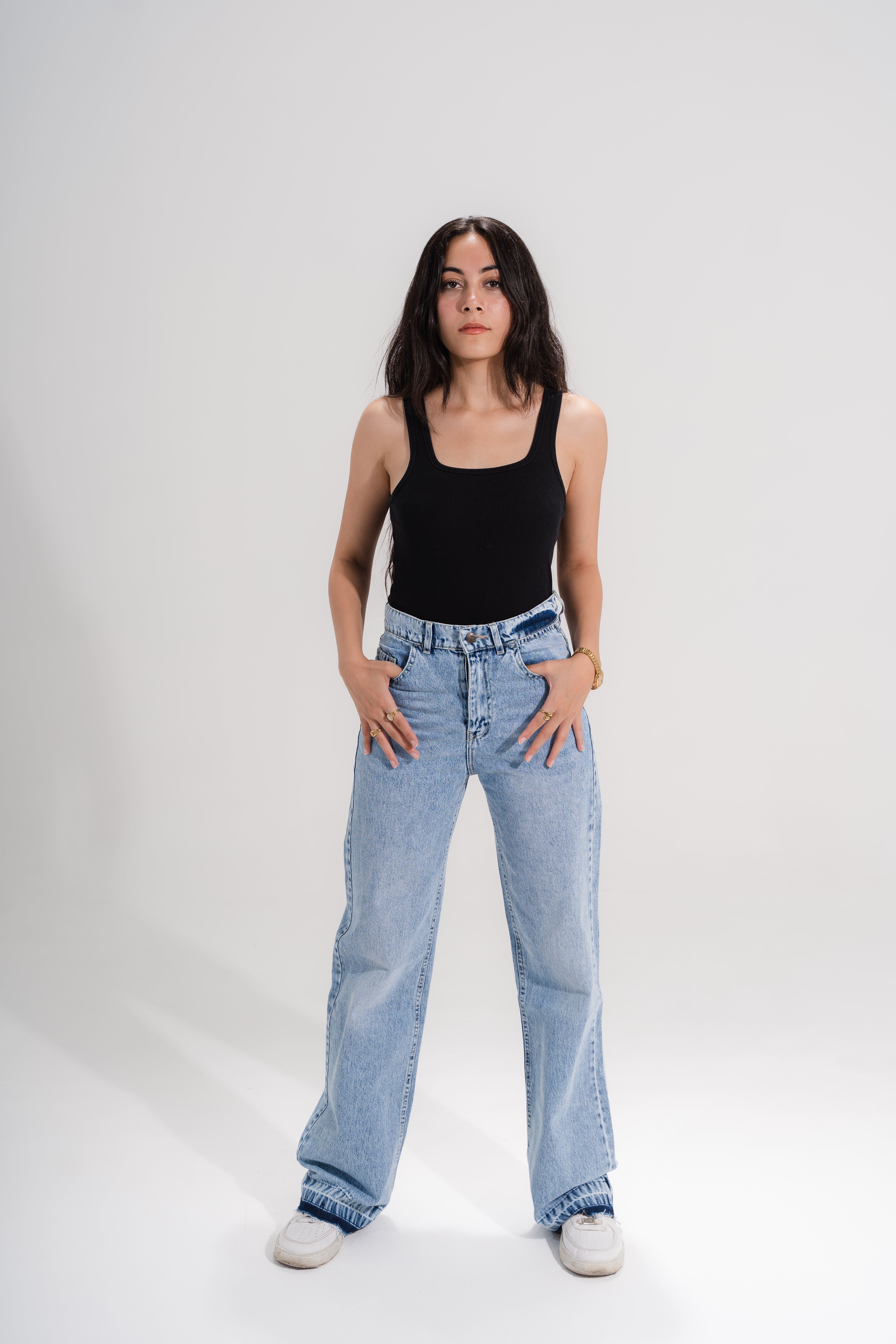 Douple waist Straight jeans acid wash