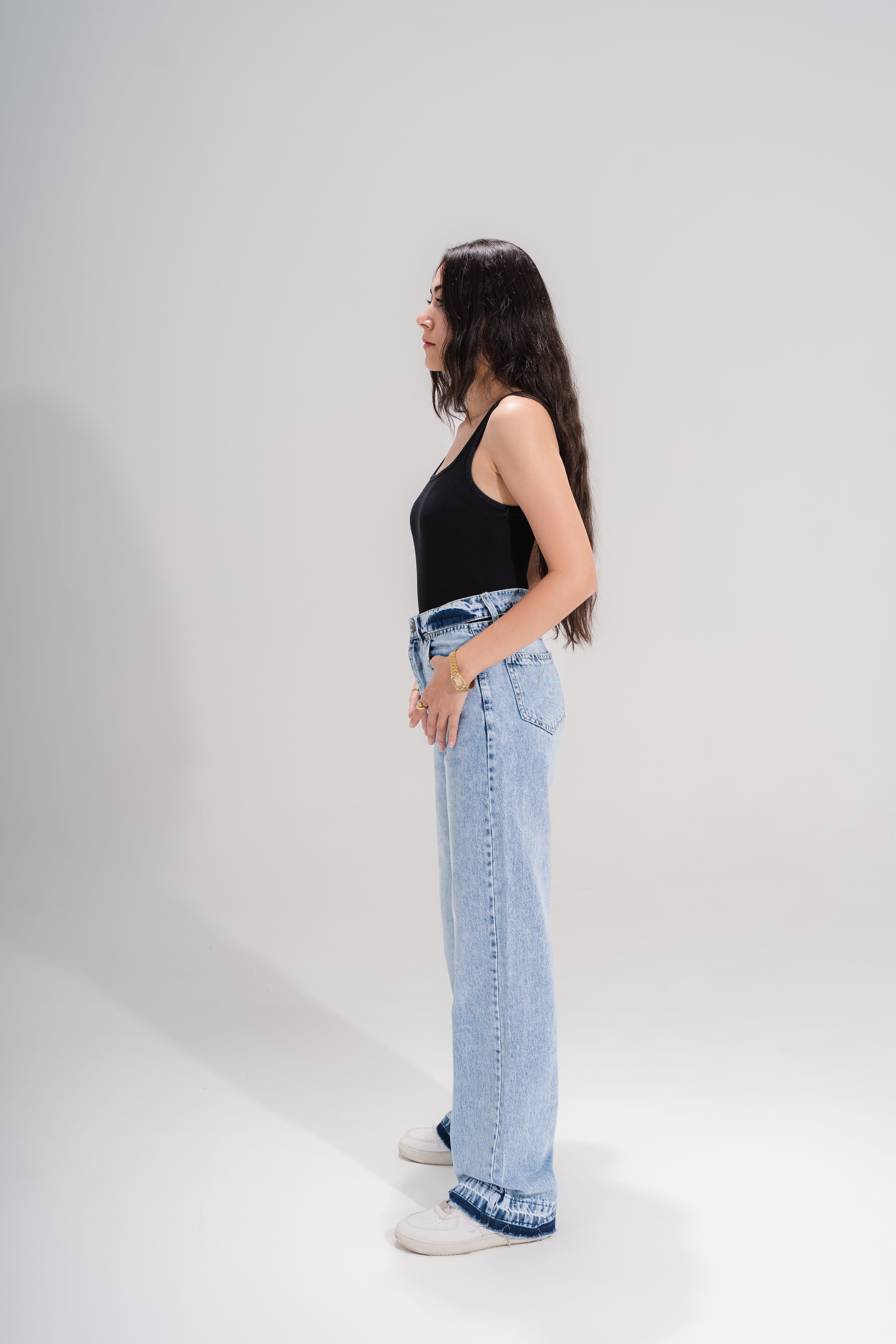 Douple waist Straight jeans acid wash