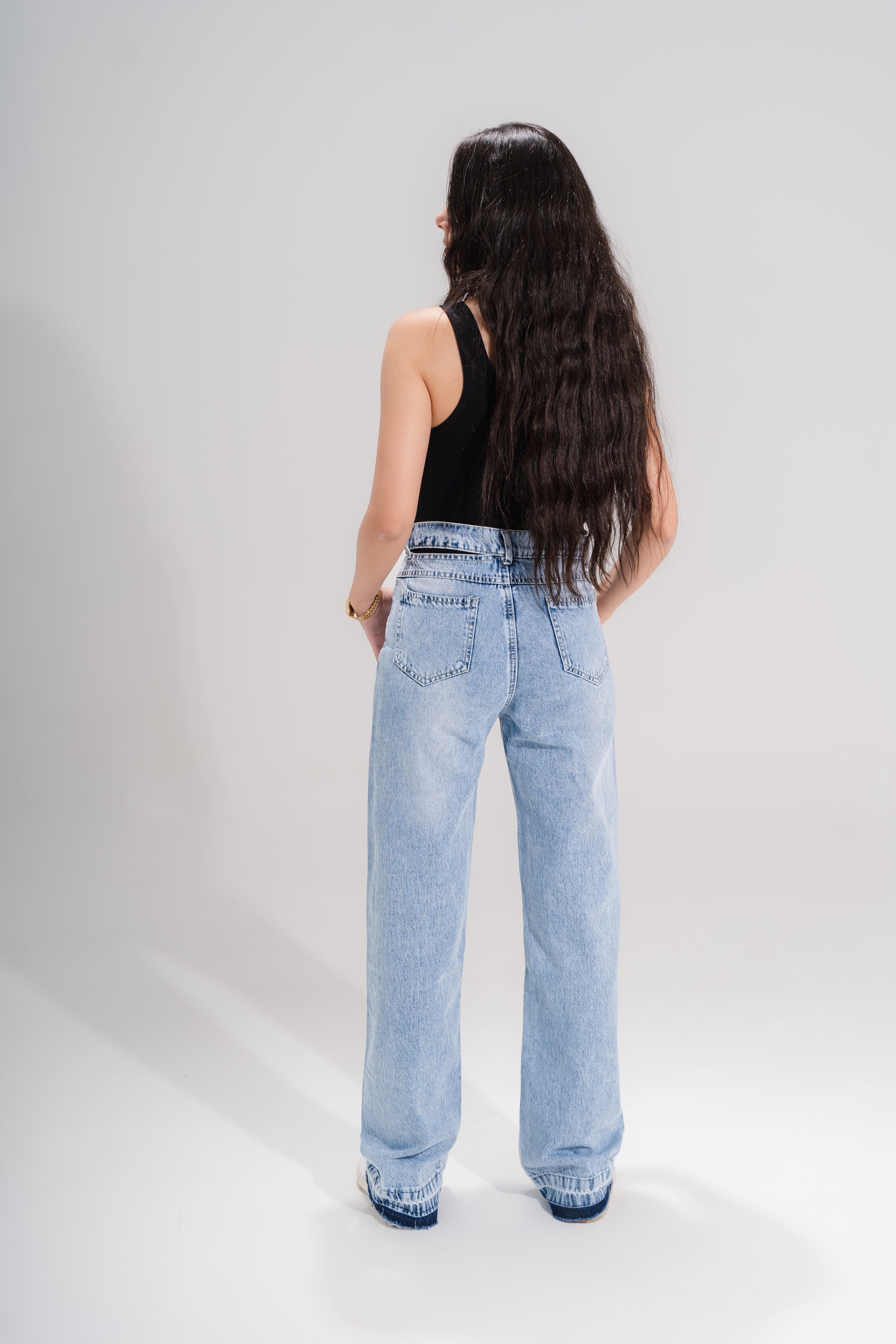 Douple waist Straight jeans acid wash