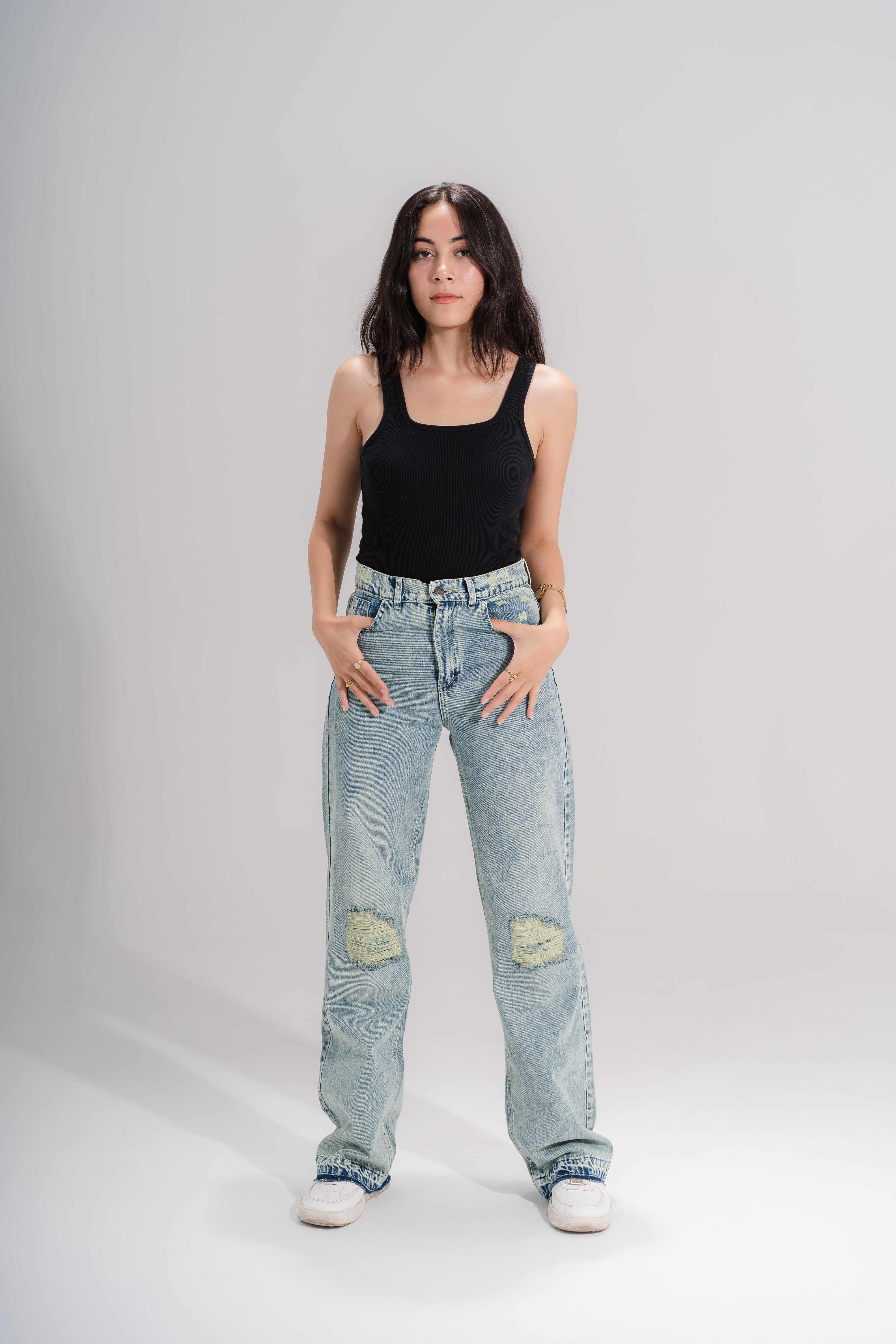 Destroyed vintage straight leg jeans