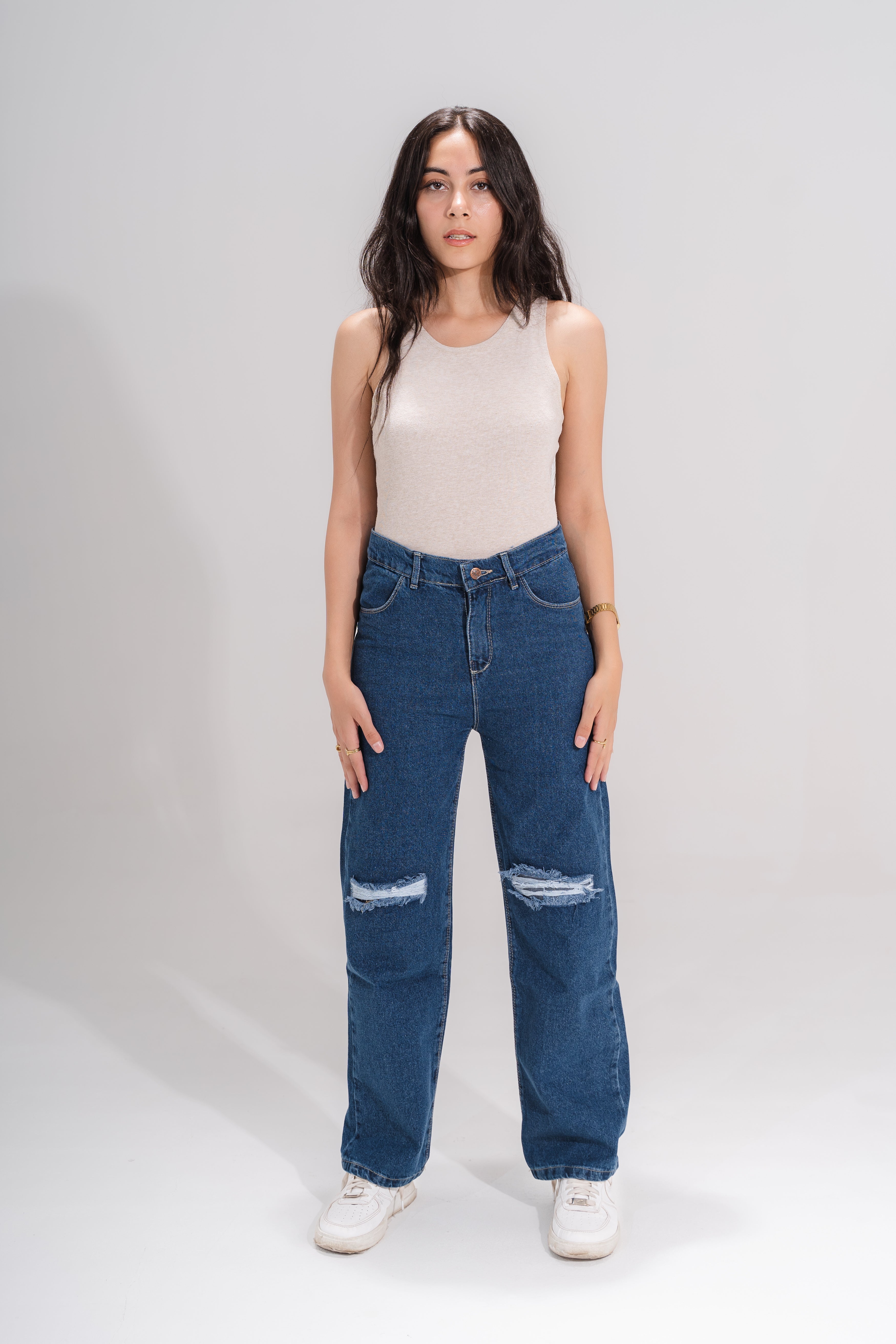 High waist 60s straight ripped jeans