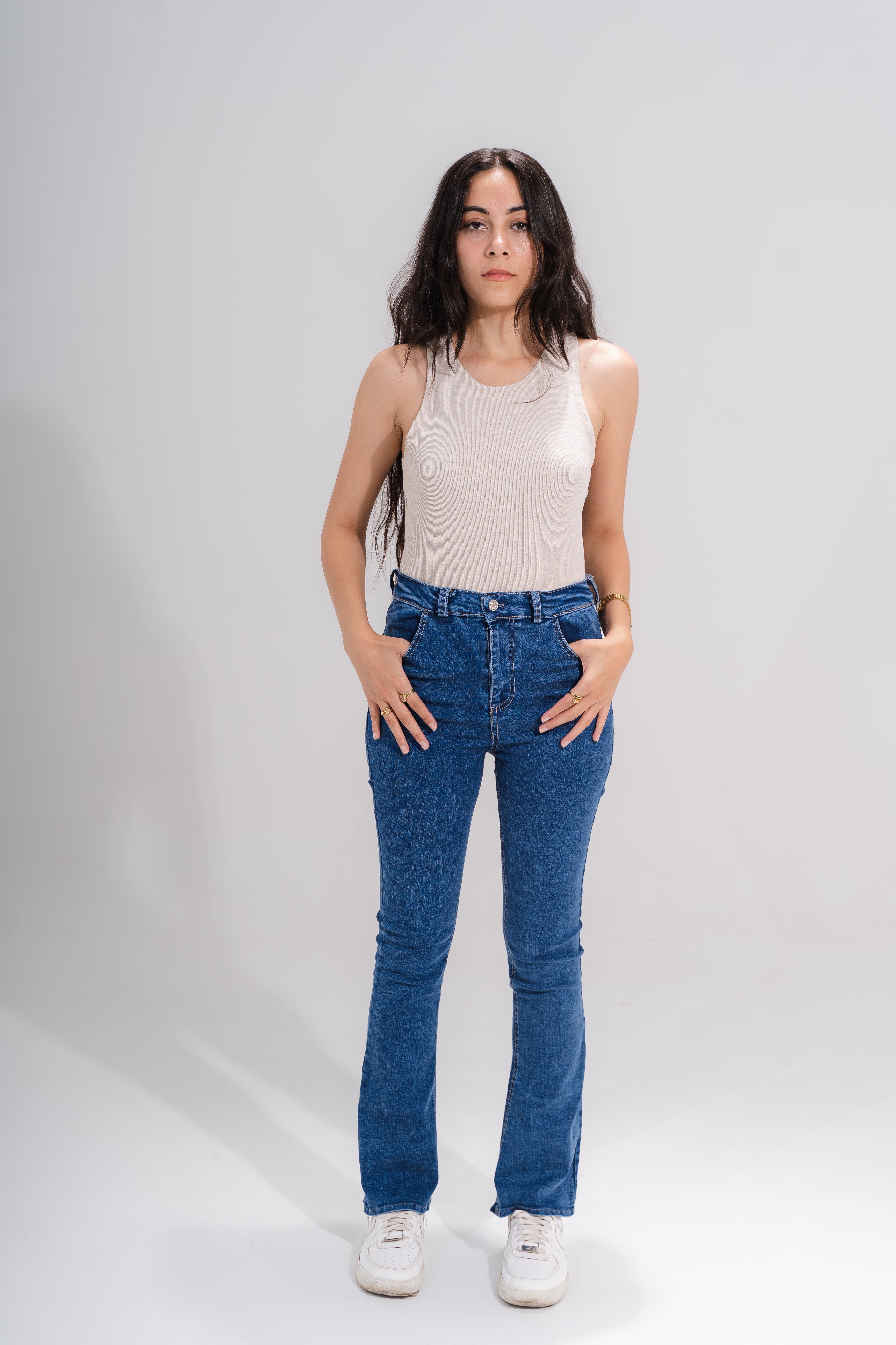 High rise flare jeans in blue wash