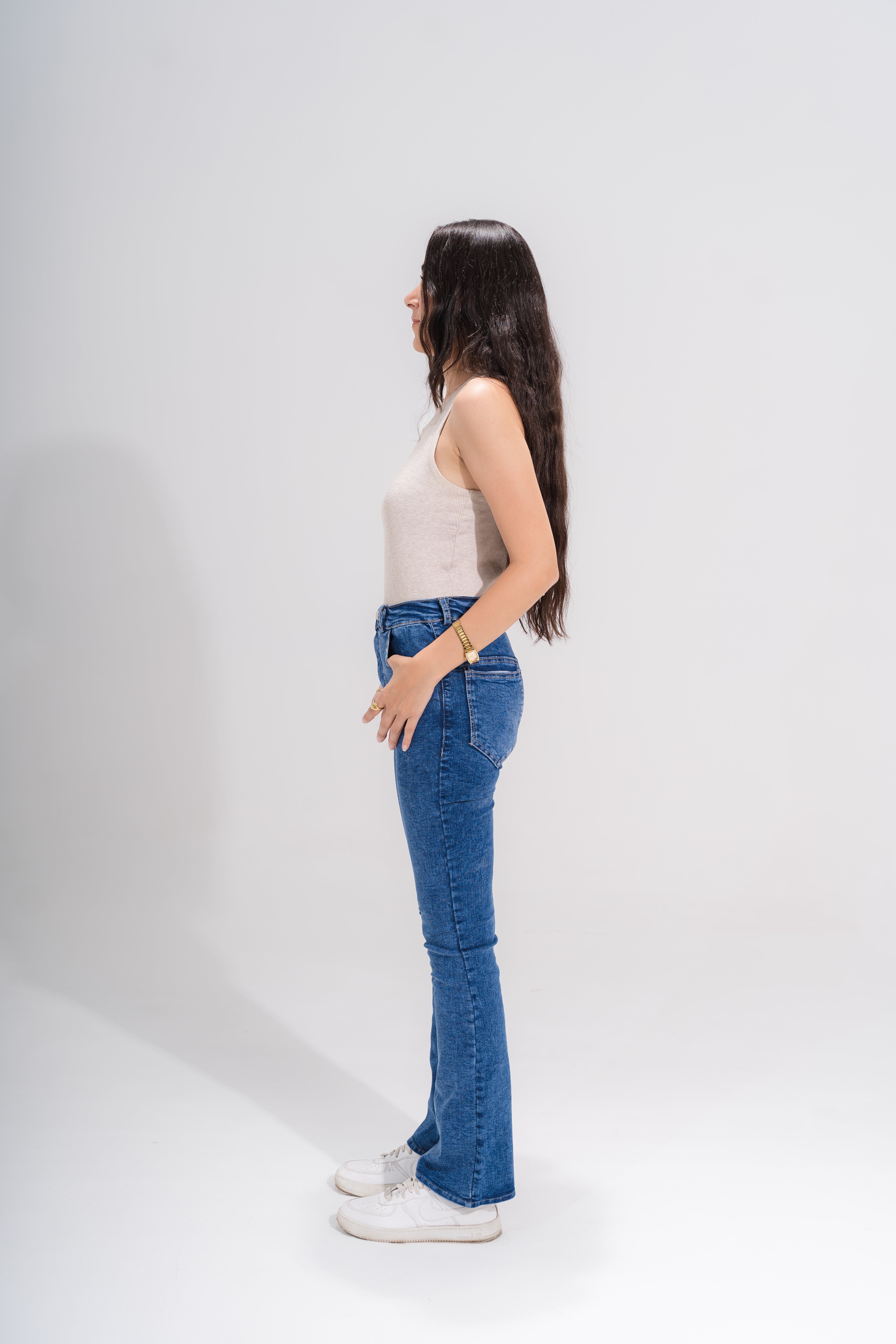 High rise flare jeans in blue wash